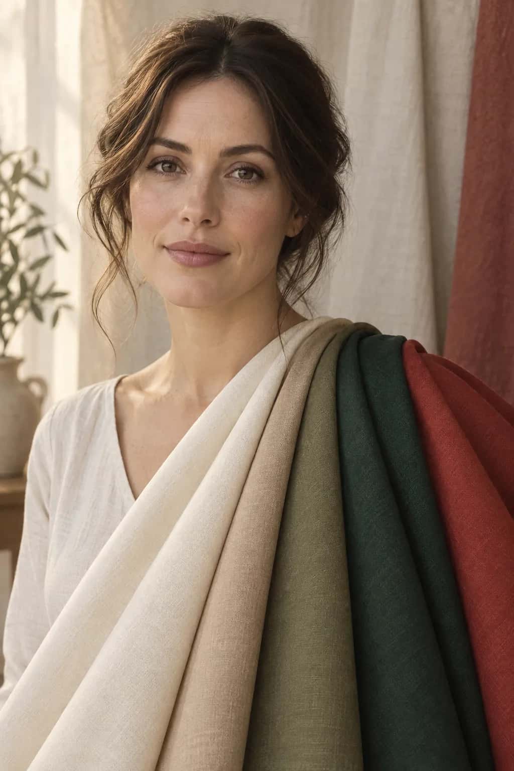 A woman with dark hair facing the camera, with folded drapes in cream, sand, olive, pine and brick over her shoulder.