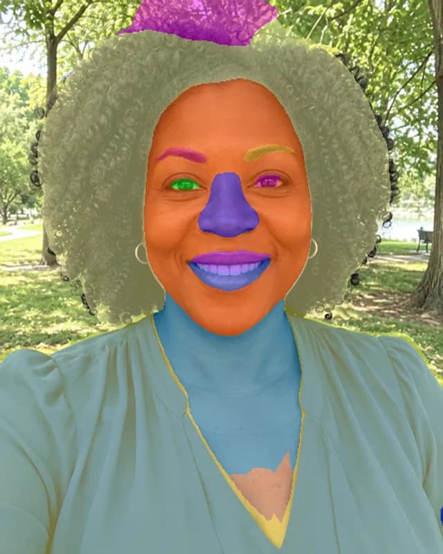 Example person 1 with colored regions marking the skin, hair, eyes, brows and lips the analysis found.