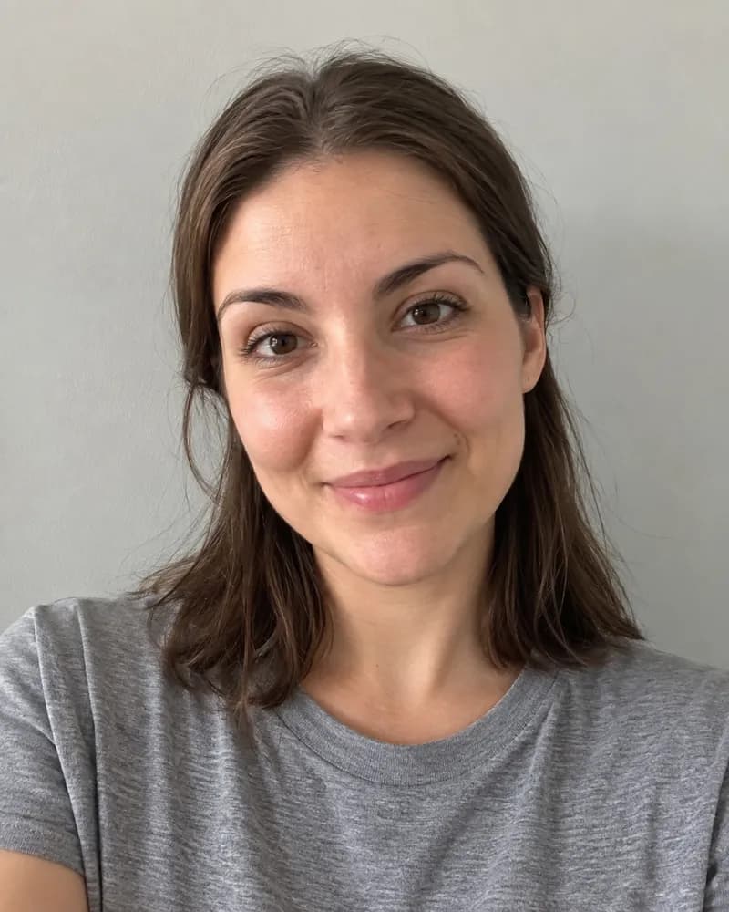 A woman facing the camera in soft window light against a plain grey wall, hair tucked back and both eyes visible.