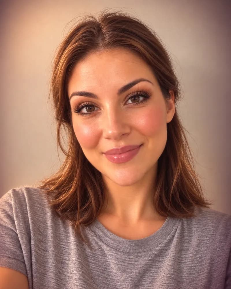 The same woman with a heavy beauty filter, heavy makeup and warm color grading.