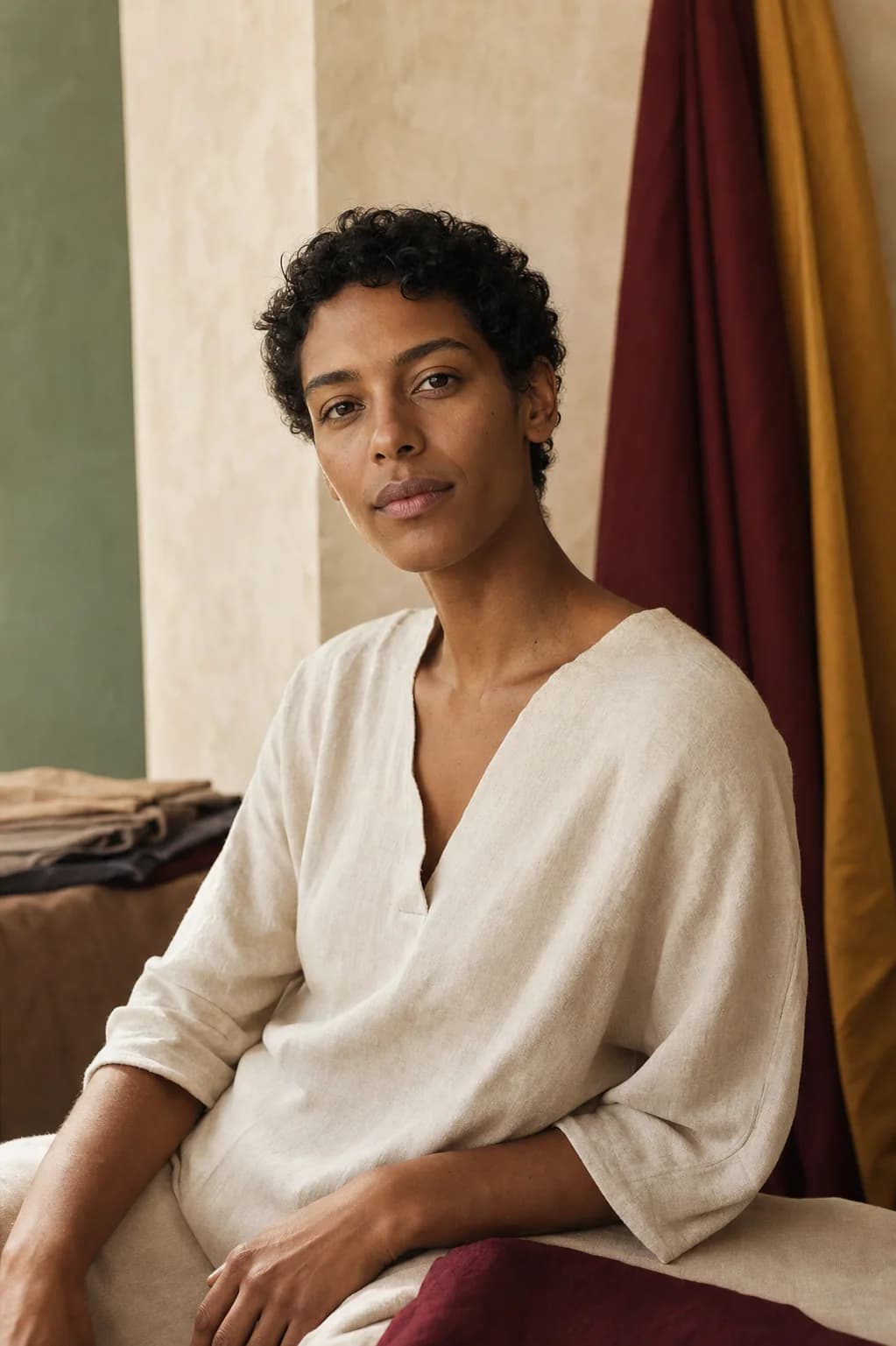 Portrait in warm window light with sage, garnet, and ochre fabrics