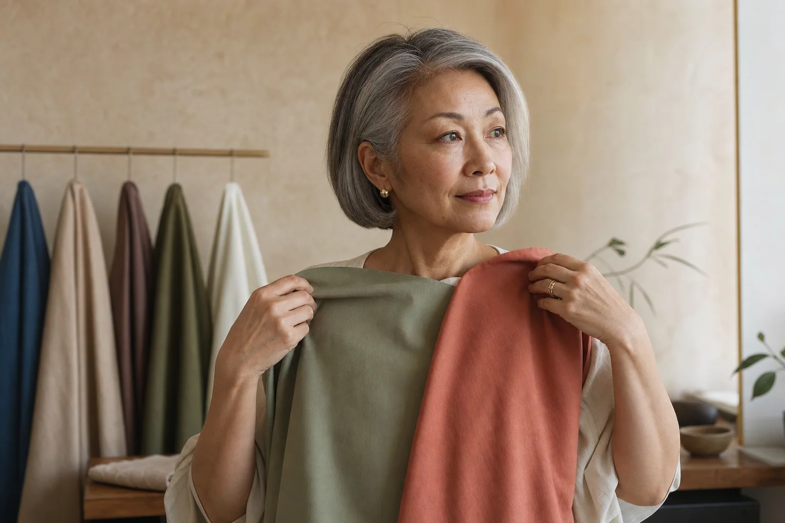 A woman comparing muted sage and warm terracotta fabric near her face